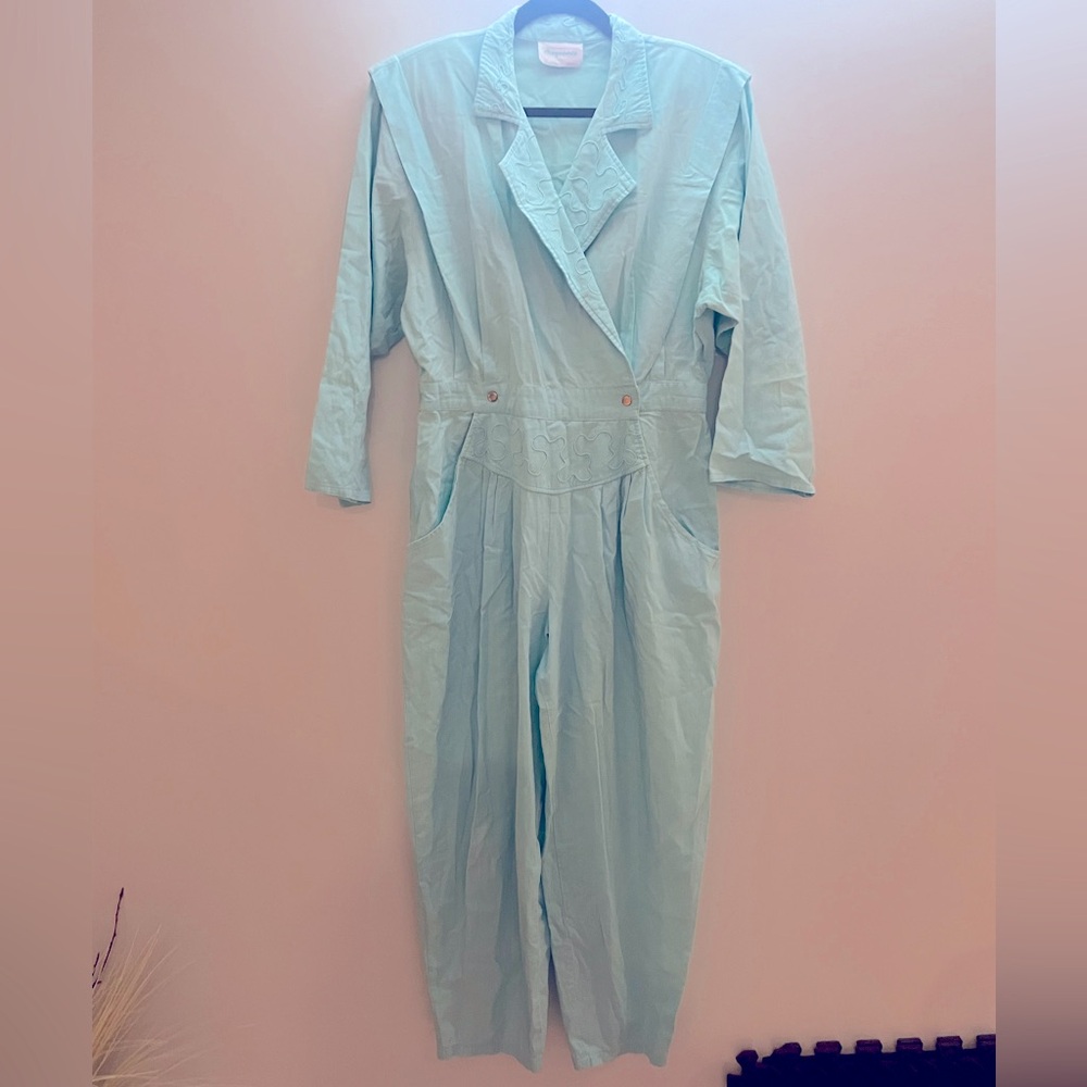 VINTAGE 80’s jumpsuit - perfect for costume! Aqua-Teal Romper- Made in CANADA